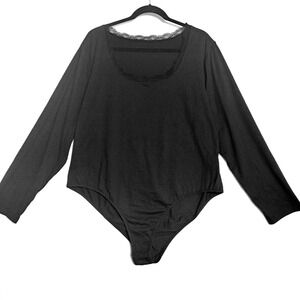 SHEIN Bodysuit Women 4X Black Long Sleeve Lace‎ Trim Casual Basic Layering